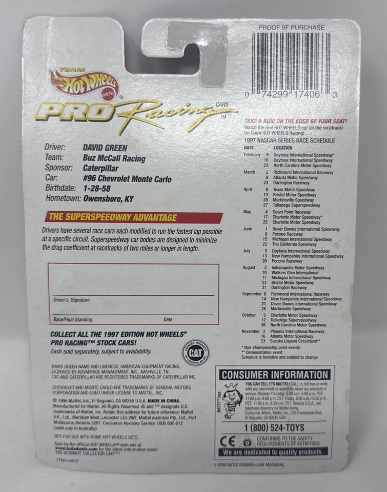 1997 Hot Wheels Pro Racing No96 Дэвид Грин 1:64 литая - Изображение 2 из 2