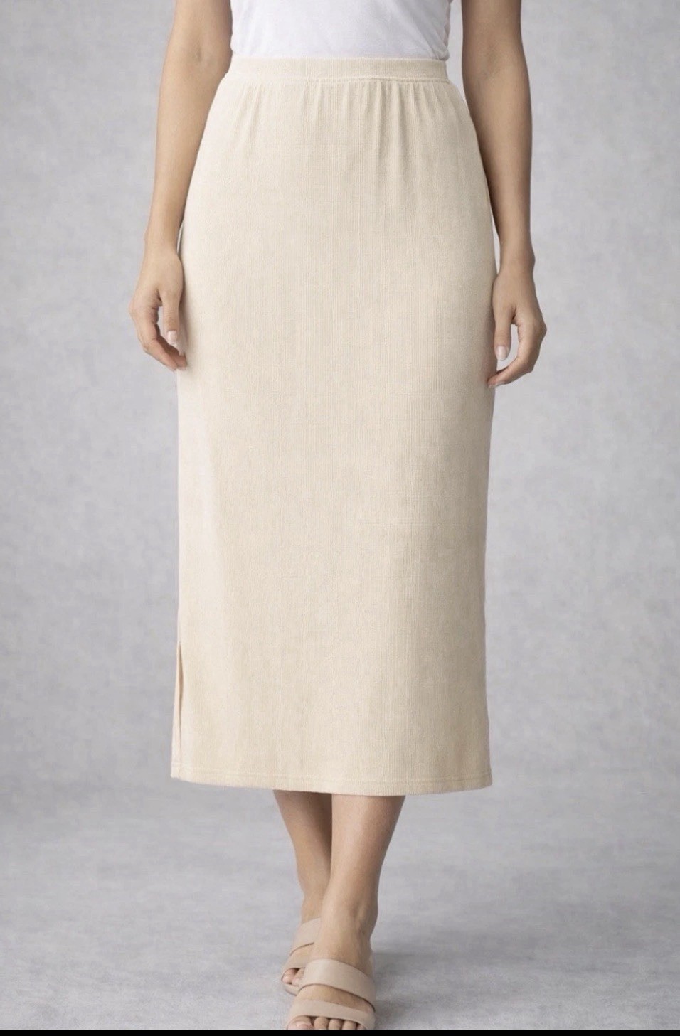 Real Essentials Ribbed Midi Skirt Women M Cream Stretch Elastic Waist(A225)””!