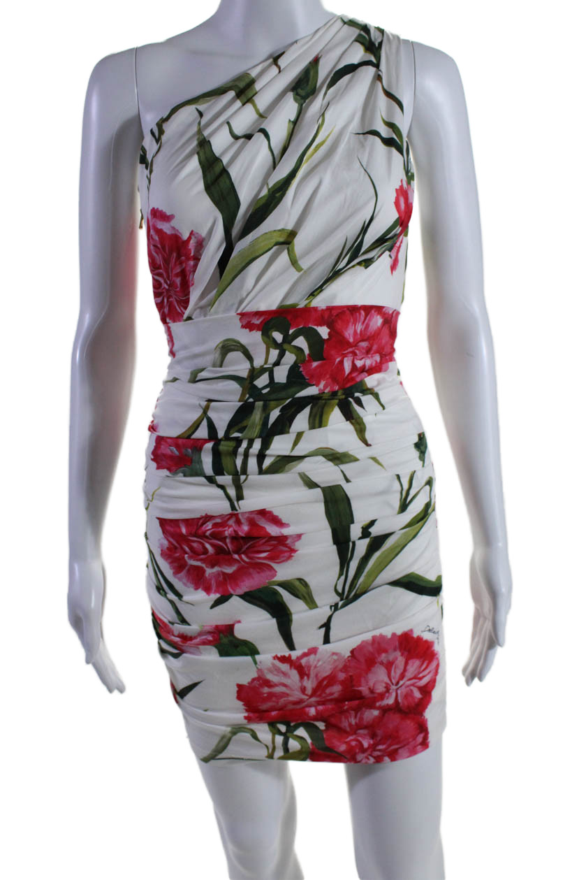 Dolce and Gabbana Womens One Shoulder Ruched Floral Dress White Size IT 36 LL19LFree Shipping in US $100+ Orders | $6.95 Orders Below