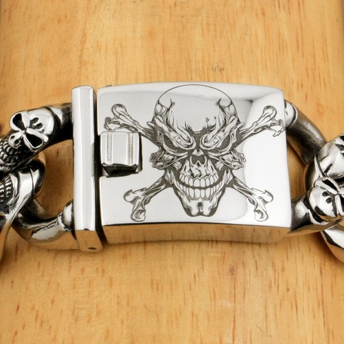 Stainless Steel Engraved Pirate Skulls Bracelet Mens Punk Jewelry 5F105D BZ - Picture 8 of 20