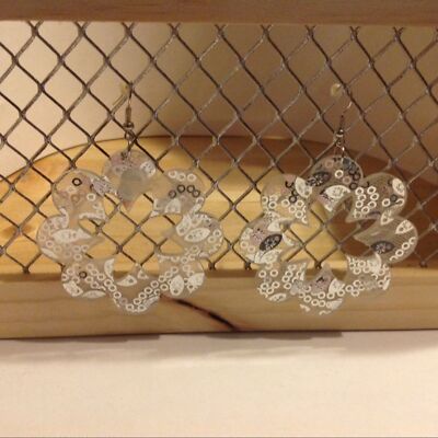 Silver Tone White Flowers Hard Plastic Pierced Earrings 2 3/4''