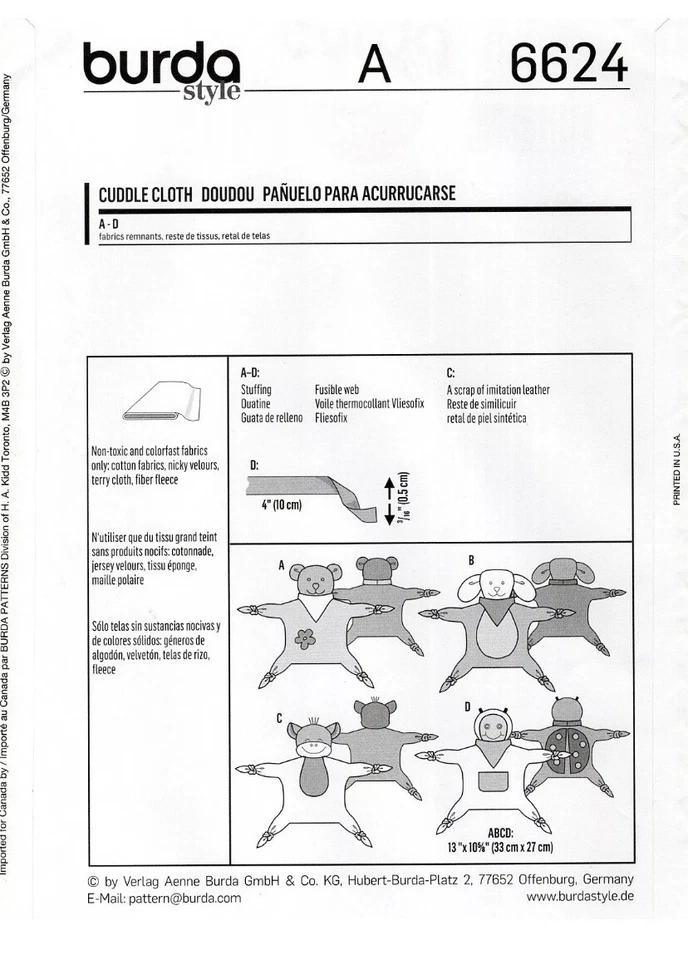 Burda 6624 CUDDLE CLOTH Toy Bear, Lamb, Monkey, Ladybug UNCUT Pattern - Image 2 of 2
