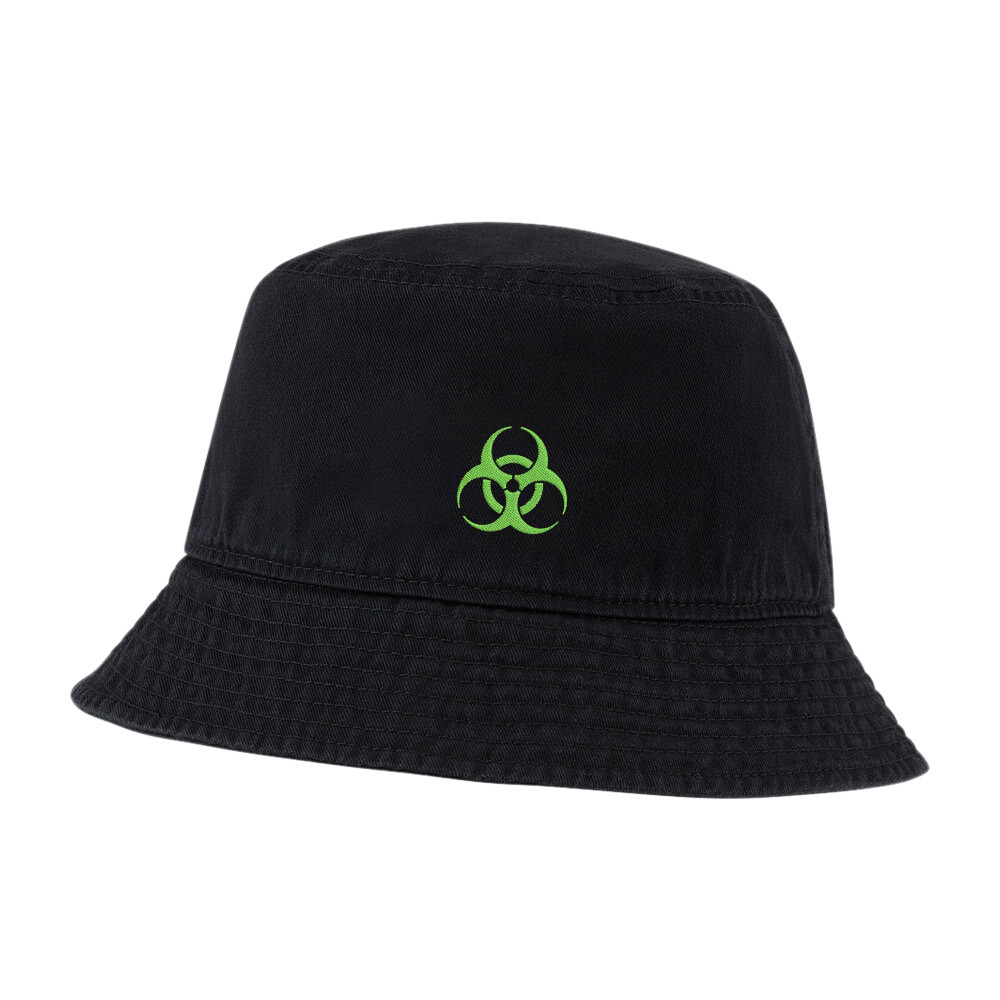 Green Biohazard Embroidered Washed Cotton Bucket Hat for Men and Women