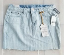 NEW Vanilla Star Juniors Light Blue Striped Denim Raw Hem Mini Skirt Size 11
