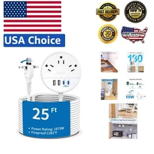 25 FT 2 Prong Extension Cord & 3 Outlets with USB-C - Ideal for Modern Homes