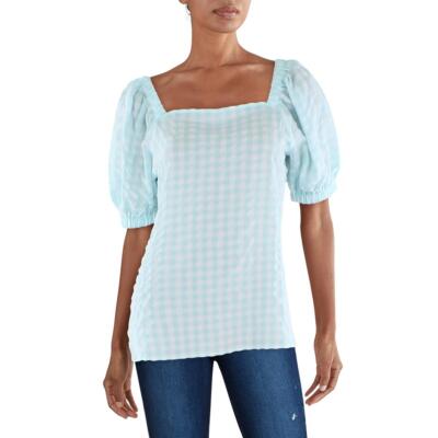 Anne Klein Womens Blue Checkered Square-Neck Pullover Top Blouse XS BHFO 0594