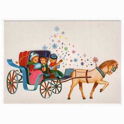 Artist postcard/children take a ride in the horse-drawn carriage in winter