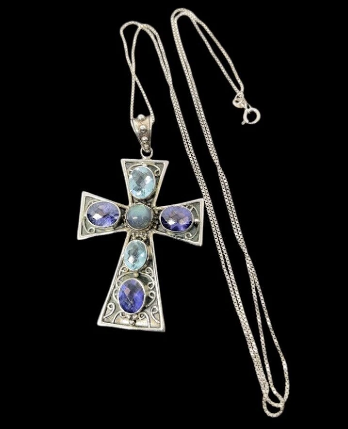 Nicky Butler Ster. "Colgante Cruz Plata Topacio Amatista Piedra Preciosa + Cadena S.S. 29""" Foto 2 de 4