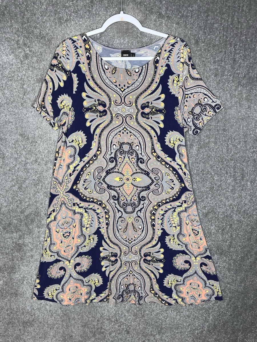 Ｄプライス ASOS Dress Womens Size 14 Gray Blue Peach Yellow Paisley Stretch