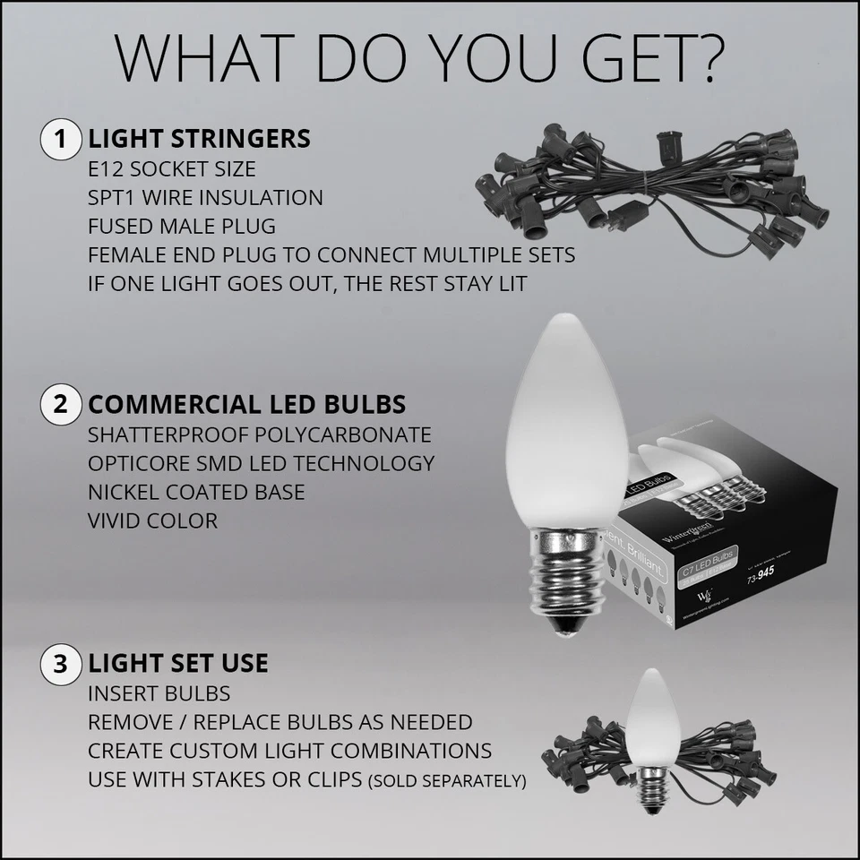 50 C7 OptiCore Shatterproof LED Christmas Lights Smooth Finish, Green Wire 50ft - Image 4 of 4
