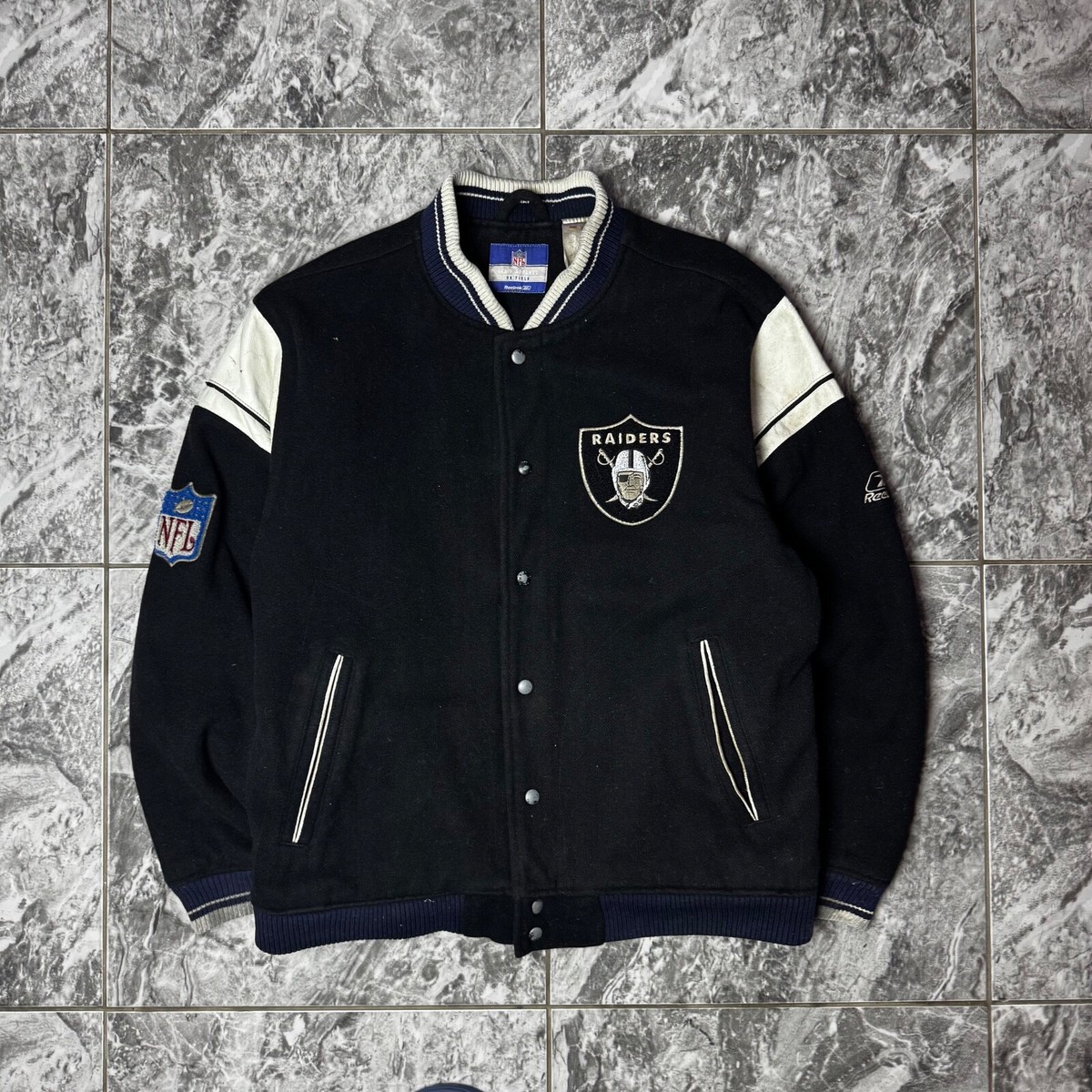 Vintage Reebok Raiders NFL Wool Leather Varsity Bomber Jacket Mens