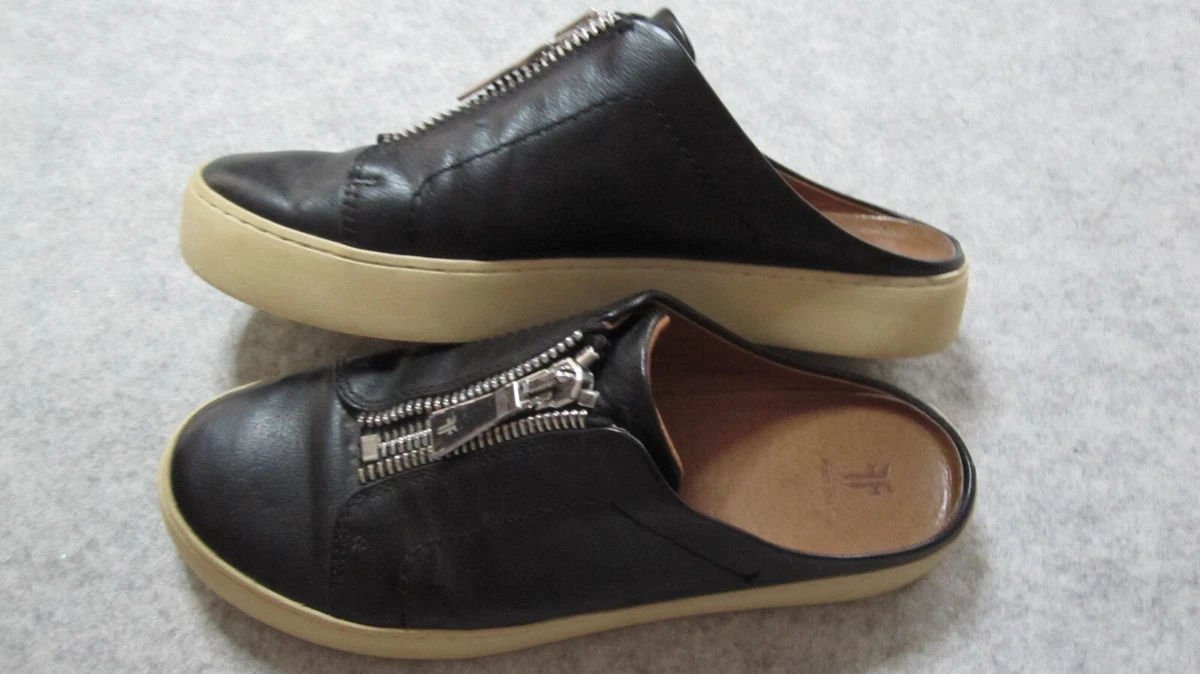 Frye Lena Mules Women s 7.5 Slip on Black Leather Zipper Flats