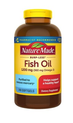 Fish Oil 1200 mg 240 Softgels Nature Made 360 mg Omega 3 Burp Less EXP DEC 2028