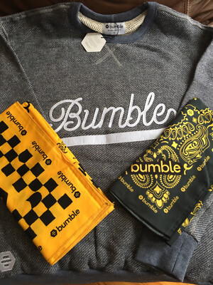 Bumble Dating App Sweater Gray Sweatshirt NWT Multiple Sizes +Bandana Large Grey