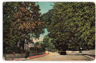 Meads Road Eastbourne von Bäumen gesäumte Straßenansicht animierte Postkarte 1917