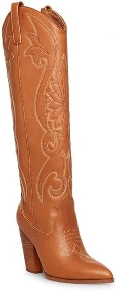 G1N con caja Steve Madden Lazo Coñac Pull On Apilado Bloque Tacón Punta Kn Foto 2 de 4