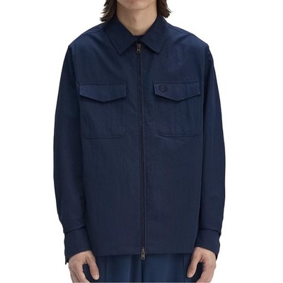 Fred Perry Men's Zip Front Overshirt Jacket Dual Flap Snap Pockets Tennis Blue S