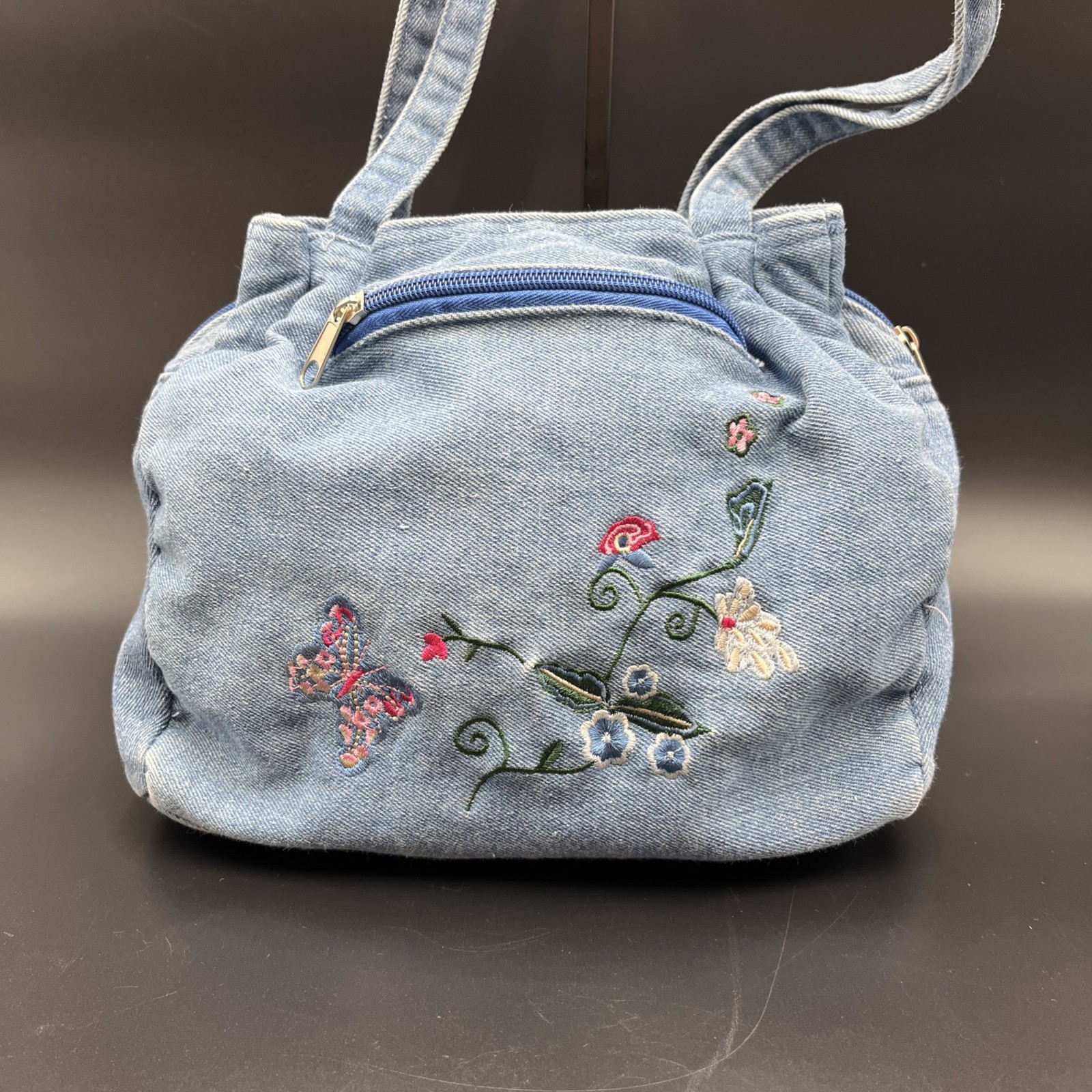 Vintage Blue Denim Floral Butterfly Embroidered Purse Shoulder Bag