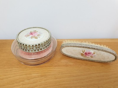 Vintage Vanity Set Regent of London Decorative Lace Floral Pink Puff 1950's