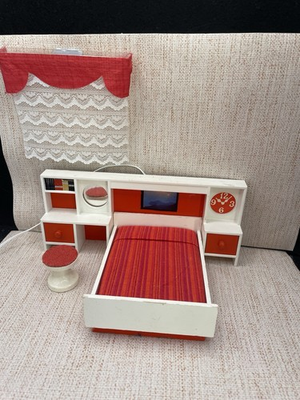 #ad Lundby dollhouse bed and lighted headboard stool amp; curtain. MCM $62.00