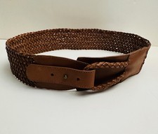 Vintage 1990s Lines Pelle Leather Belt Wide Woven Lt Brown Boho Hip/Waist Sz L