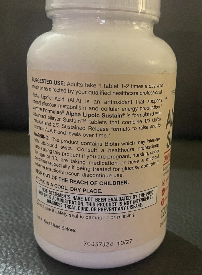 Jarrow Formulas Vegan Alpha Lipoic Sustain with Biotin 300 mg 120 Tabs 2 Bottles - Image 4 of 4