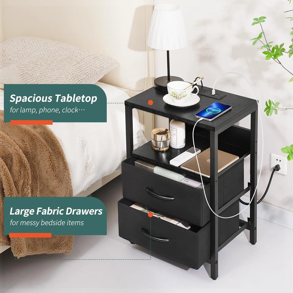 LED Nightstand with Charging Station & USB Ports Fabric Drawers - Image 4 of 4