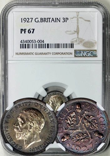 Great Britain George V 1927 3 Pence NGC PF-67. Rainbow toning. Rare in PROOF!