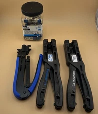 Set Of 3 Ideal Omni Seal Compression Tools And A Container Of 35 RG-6 Connectors