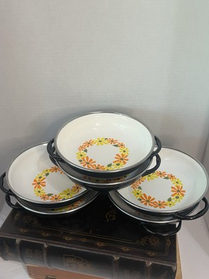 Vintage Ekco Country Garden Porcelain Enamel Pans Set of 7 Italy Daisy Floral