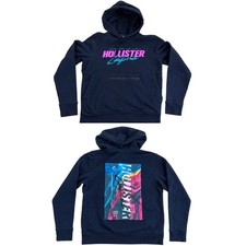 Hollister California Navy Blue Graphic Hoodie Neon Print Small Zipper Pocket