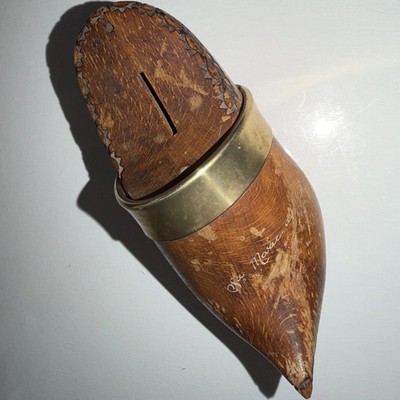 Ste Marie  Wooden Shoe Coin Bank w/ Brass Band Metal Bottom Door