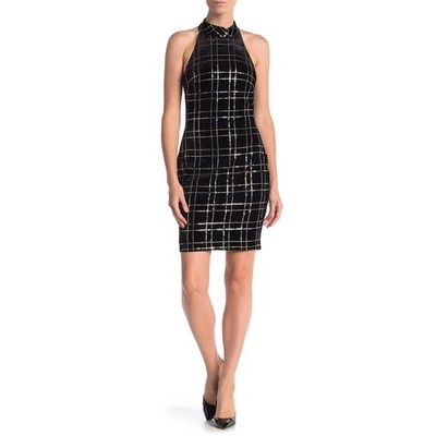 Alexia Admor Women s Small Black Velvet Gold Silver Sequin Check Sheath Dress