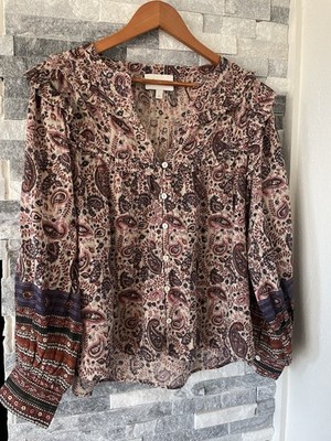 Cleobella Samara Paisley L/S Blouse Metallic Red Purple Boho Ruffles-Medium