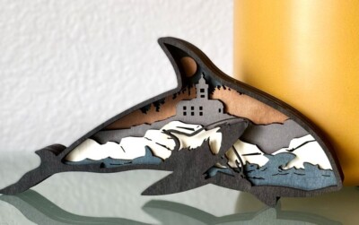 Orca Killer Whale Coastal Ocean Wooden Diorama Sculpture 3D Figure Table Décor