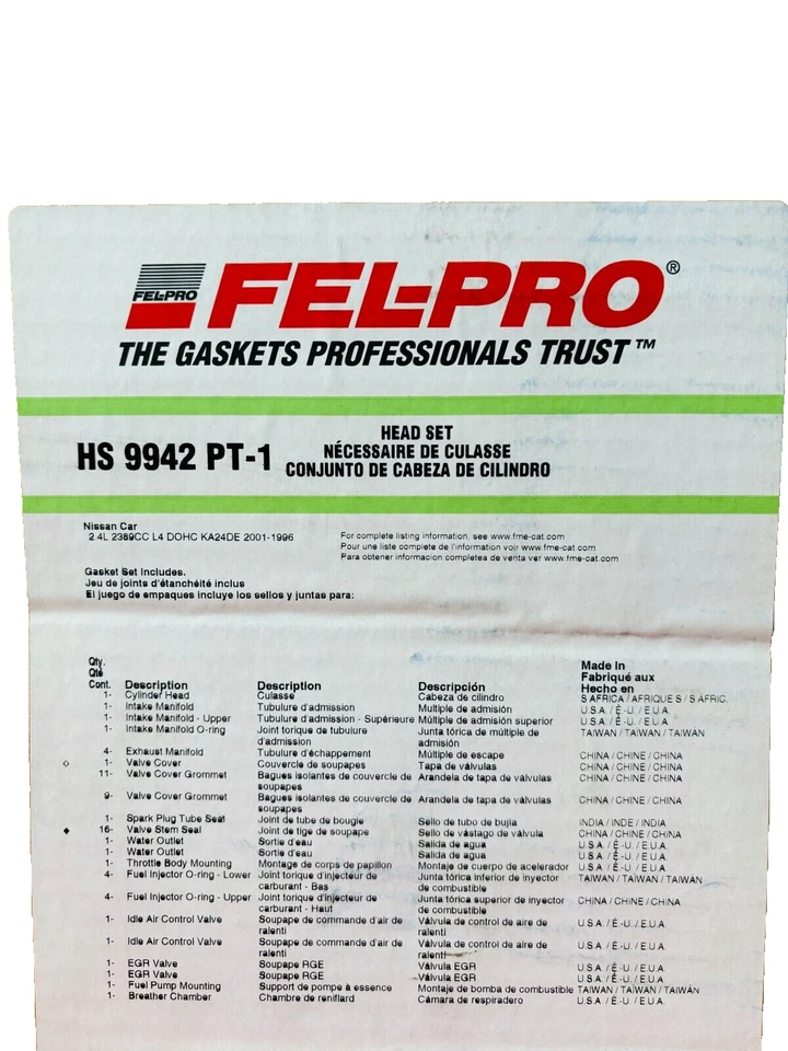 Комплект прокладок головки Fel-Pro подходит для 96–01 Nissan Altima 2,4 л-L4 DOHC KA24DE HS9942PT1 - Изображение 2 из 4