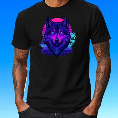 Mens Vaporwave Wolf Motif Cotton T-Shirt Size XS to 5XL
