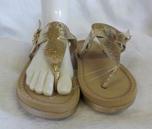 Bamboo Thong Sandals Size 6 M NWOB Gold Sparkle T Strap 1.5" Heel Nonskid Strap - Picture 3 of 10