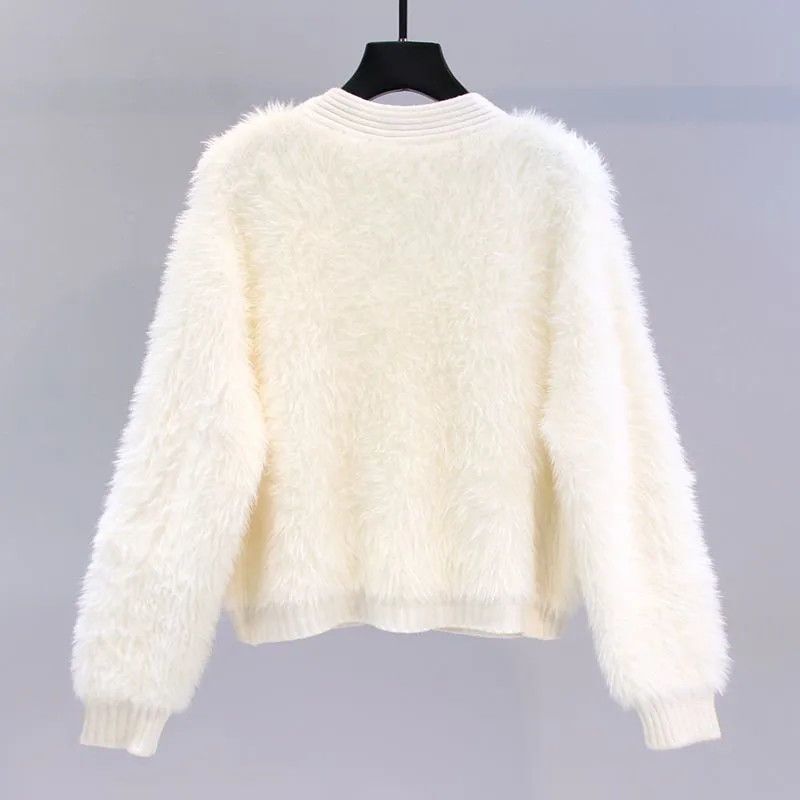 Damen V-Ausschnitt Kunst Mohair Pullover Perlen Flauschig Warm Strick Winter
