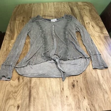 Knox Rose Grey Green Burnout Fade Front Tie Long Sleeve Womens Shirt Large PICS