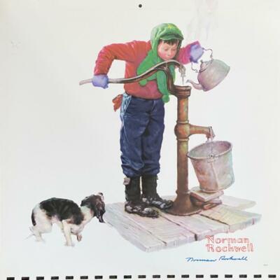 NORMAN ROCKWELL HAND SIGNED 11'' X 11'' COLOR CALENDAR PRINT ''BOY & WATER PUMP''