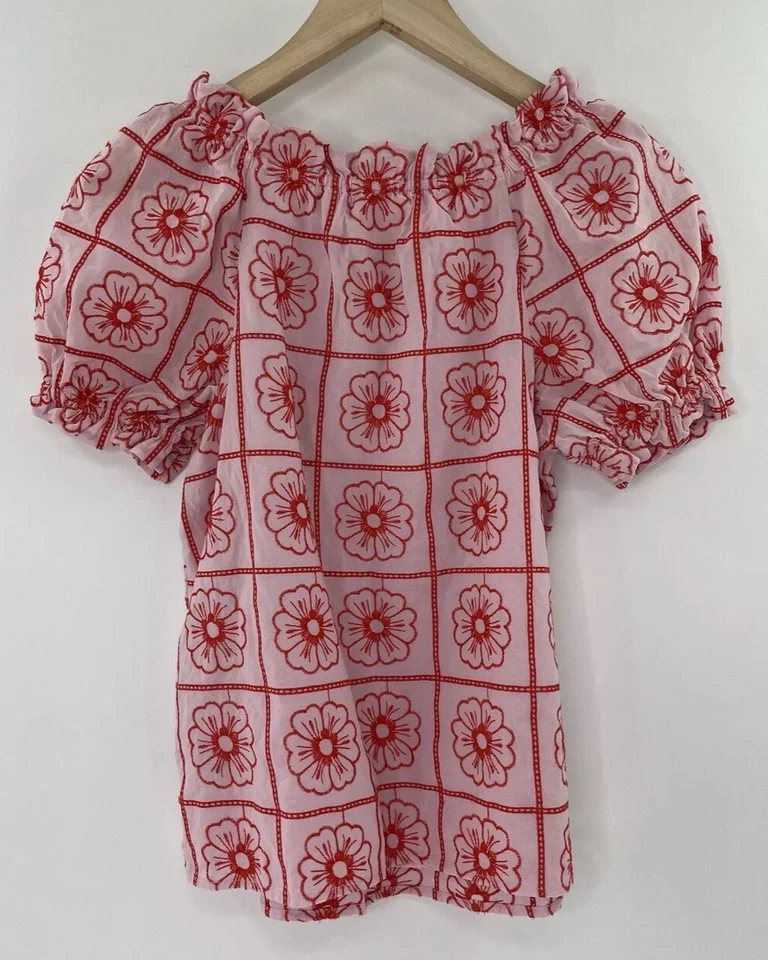 Crewcuts Girls Pink & Red Floral Embroidered Puff Sleeve Lined Blouse Size XL - Image 2 of 4