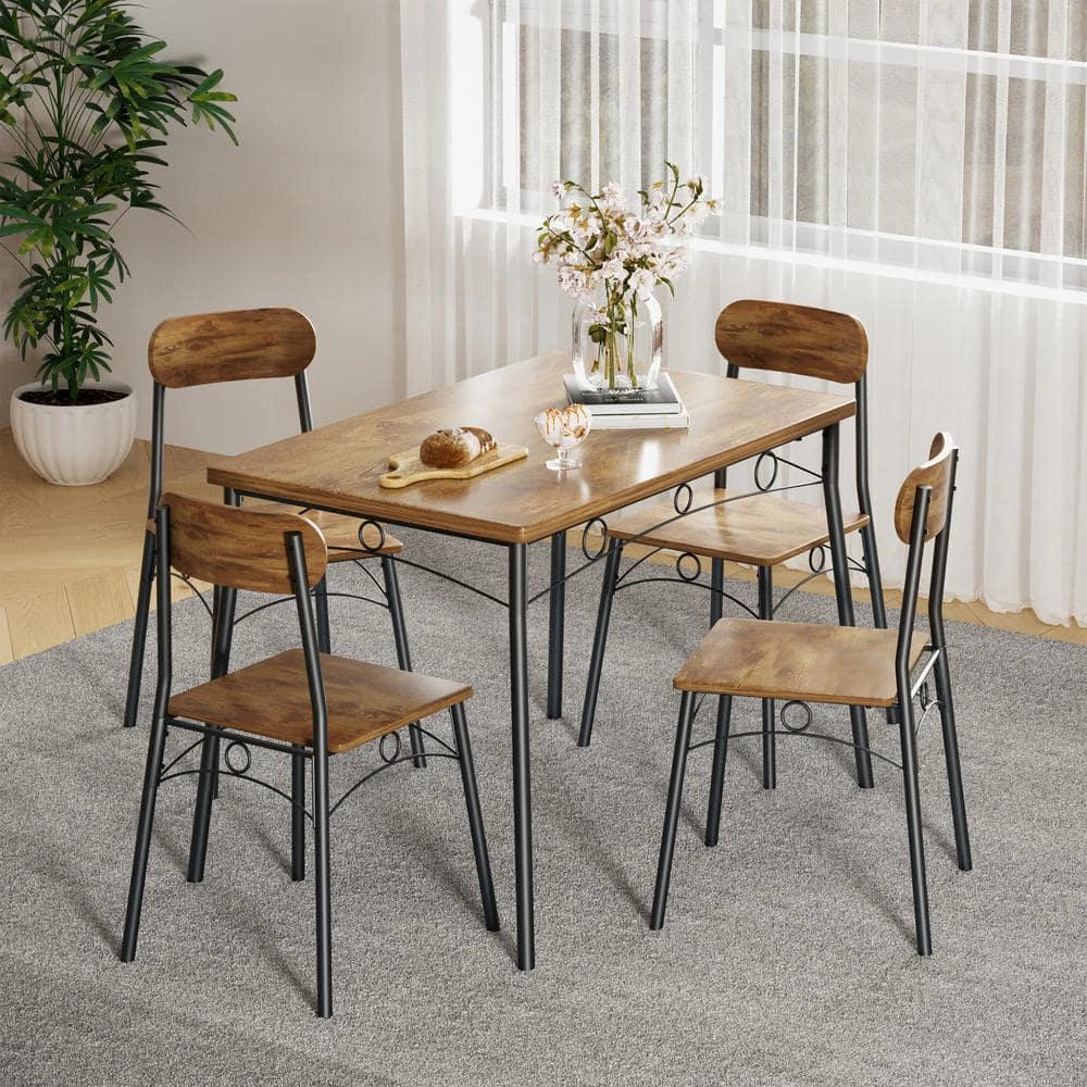 5 PC Contemporary Wooden Metal Frame Dining Set Table Chairs