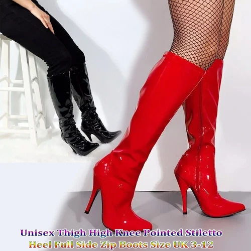 Unisex Thigh High Knee Pointed Stiletto Heel Full Side Zip Boots Size UK 3-12 - Picture 1 of 9
