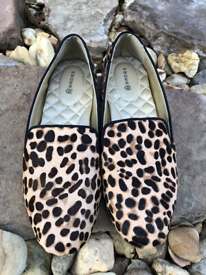 BIRDIES The Starling Cheetah Womens Sz 7 Slipper Flat Loafer Leather Hair-calf