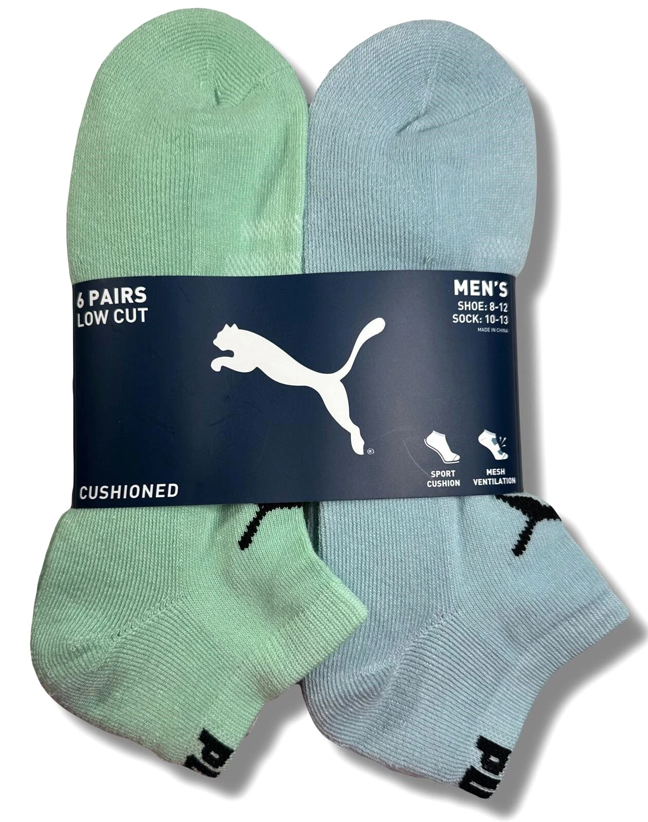 PUMA SOCKS MEN'S - LOW CUT - SOLID 253 - GREEN CTE - LARGE (10-13) PACK 6 XX