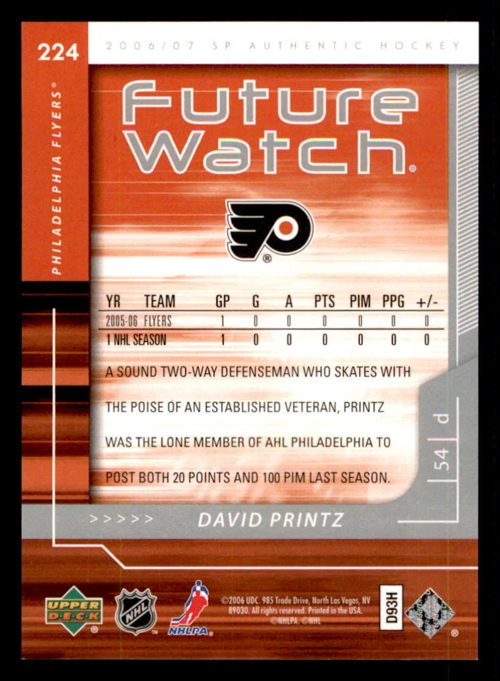2006-07 SP Authentic #224 David Printz RC /999 (ref 240091) - Image 2 of 2