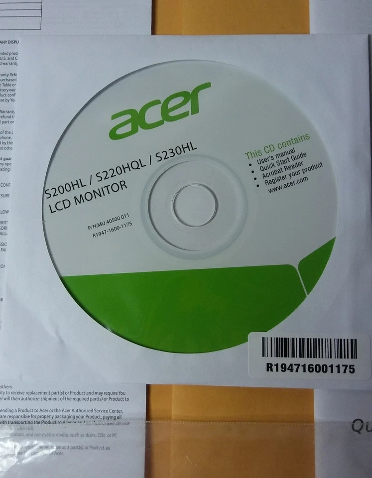DISK (MU.40500.11)/ MANUAL ONLY FOR:  Acer S200HQL 19.5 -Inch Screen LCD Monitor - Image 2 of 2