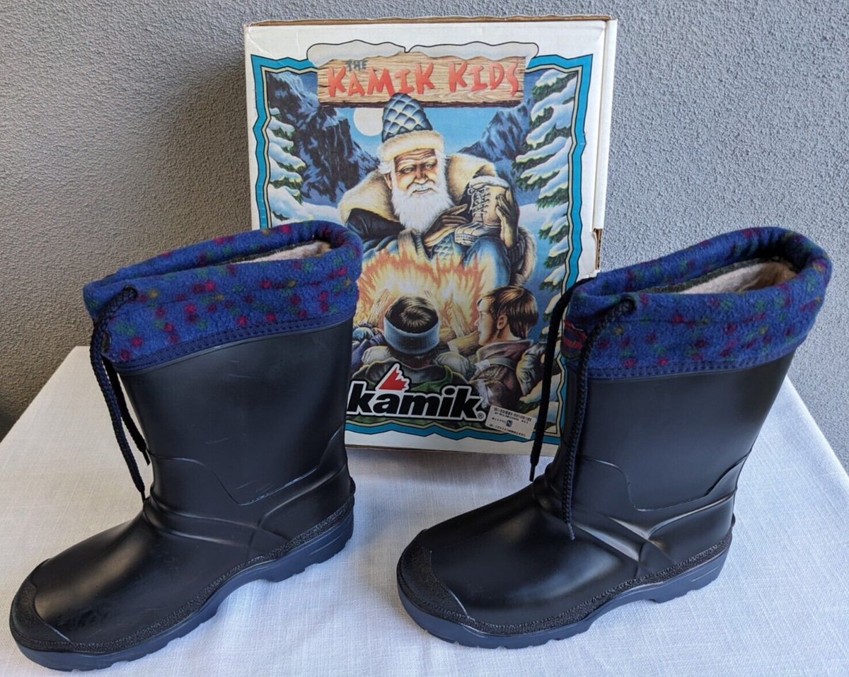 NIB Kamik Kids US Winter Blk/Navy Rubber Rain/Snow Boots Felt Liner  Fleece Top