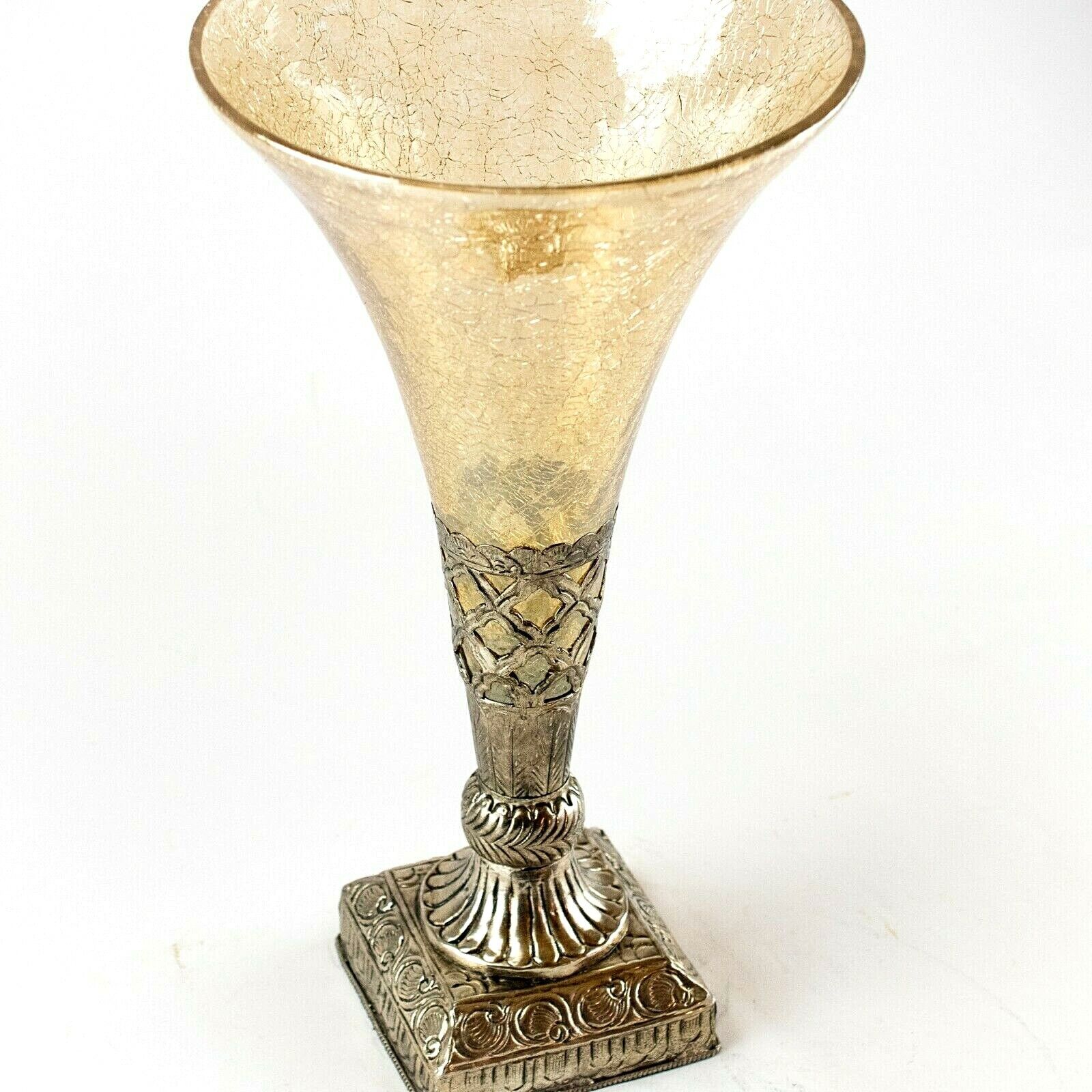Vintage Crackle Glass Trumpet Vase Silver Tone Metal Repousse Amber Glass  15